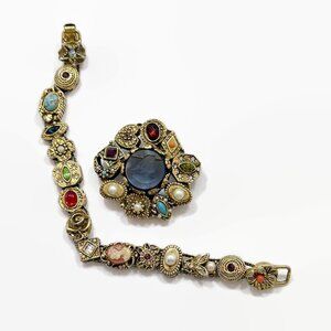 Vintage Slide Charm Bracelet: Brooch, Victorian Revival Alexis Ashley 1980s